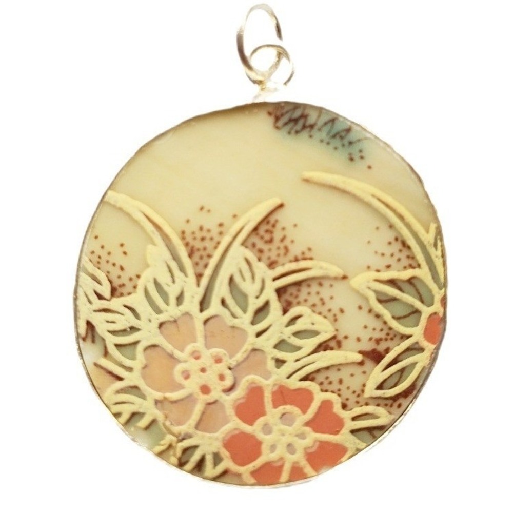 Vintage Satsuma Porcelain Floral Pendant DIY Hand Painted Japanese Round Jewelry
